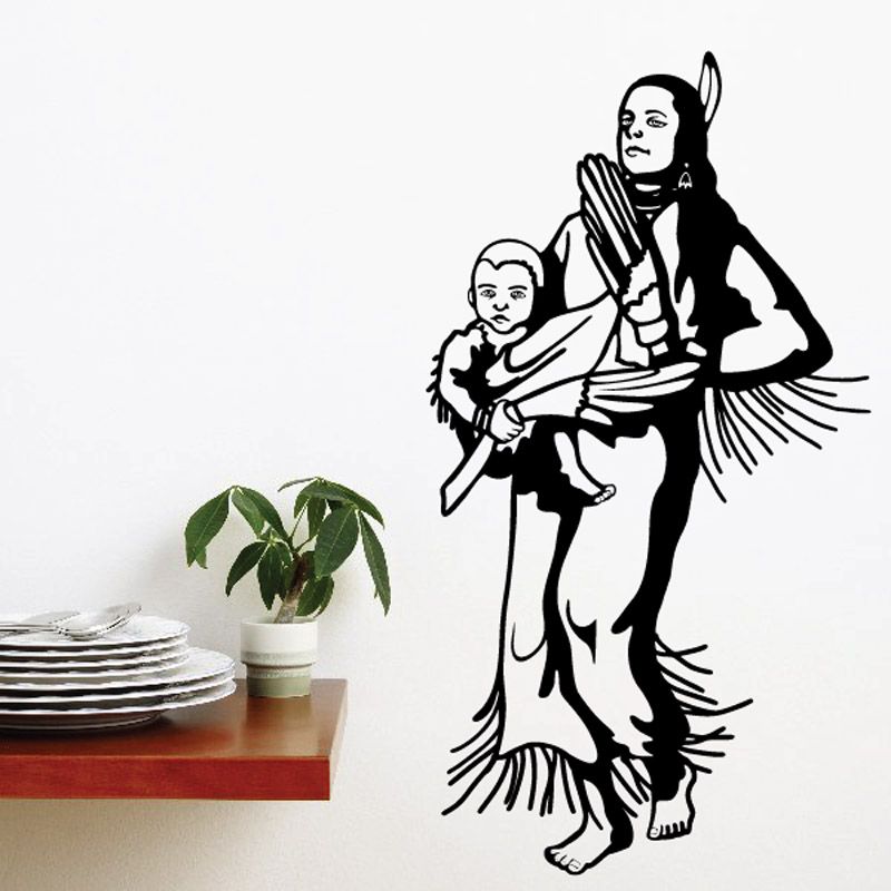 Black Native American mother and child wall decal, mother holding baby in arms