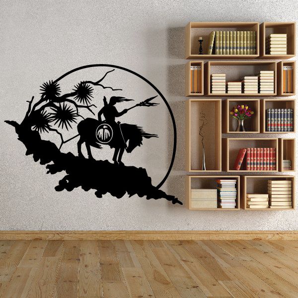 Native American horse rider wall decal, black silhouette inside circular border
