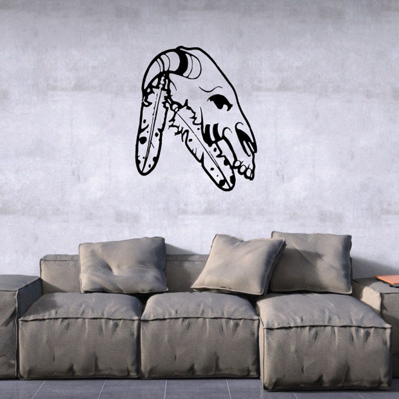 Native American wall decal, vinyl silhouette of feathered headdress skull, black outline