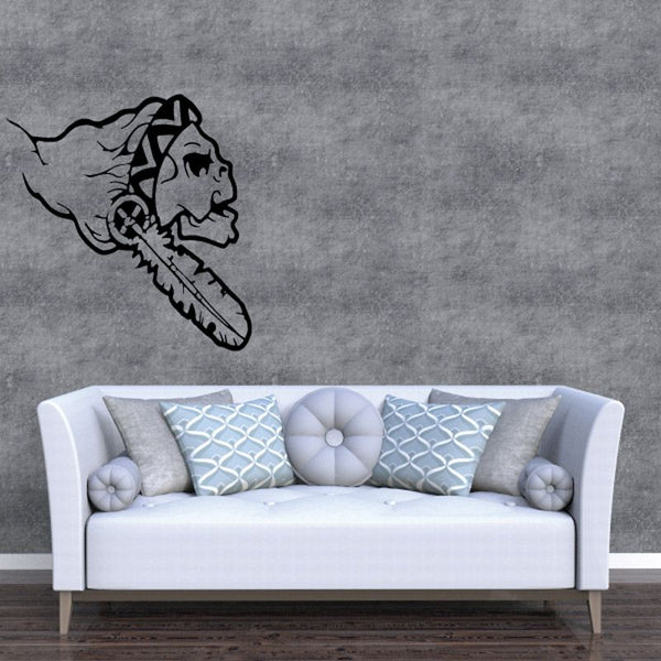 Black Native American profile wall decal with feathered headdress