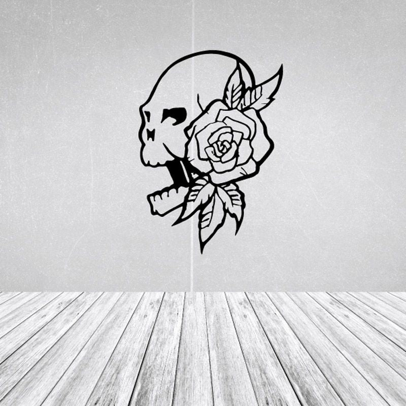 Native American wall decal with black outline warrior holding rose and feather