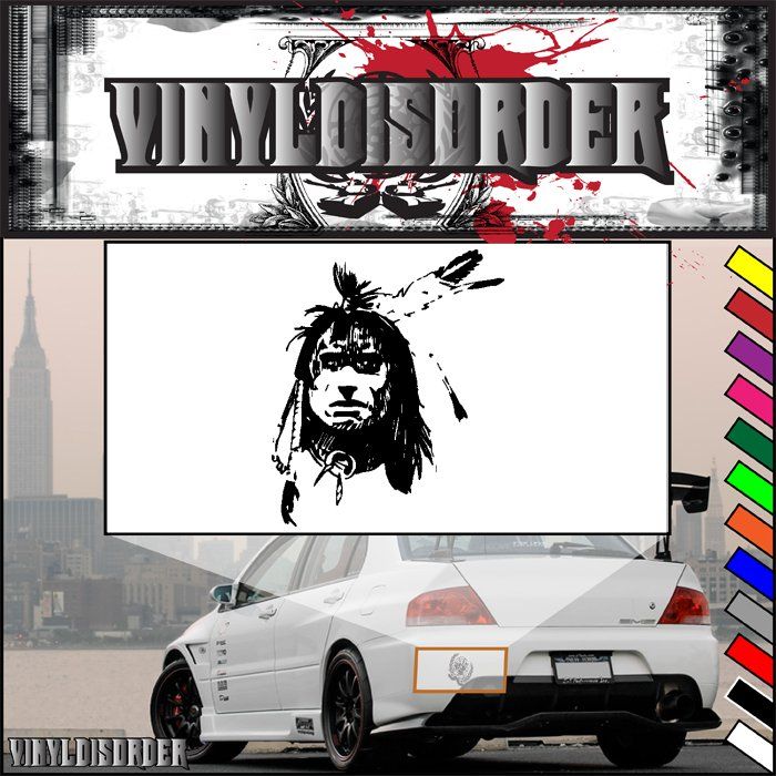Native American warrior decal with black feathered head on white rectangle