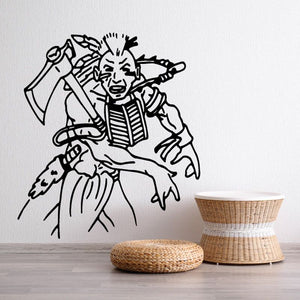 Native American warrior tomahawk decal, black line art figure with raised weapon
