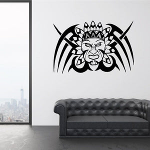 Tribal warrior decal with feathered headdress and face, black and white
