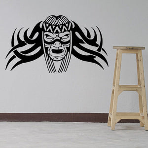Tribal warrior face wall decal with black headdress and tribal lines