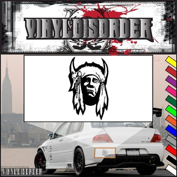 Native American with buffalo horn decal, black profile graphic on white rectangle