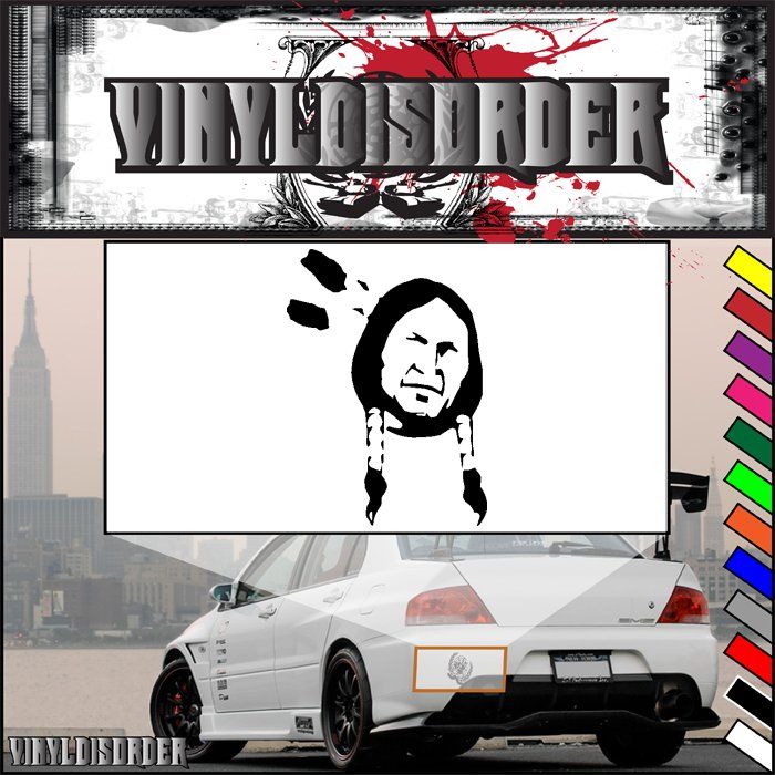 Native American face decal with double feathers, black on white background