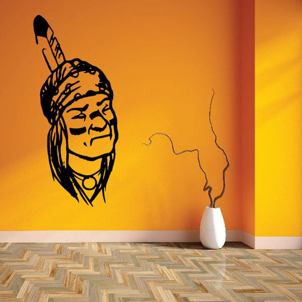 Native American feather headband face wall decal in black and beige