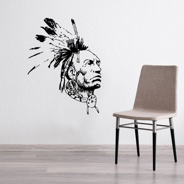 Native American feather mohawk wall decal, black head illustration