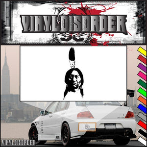 Large Native American feather decal with black silhouette head on white background