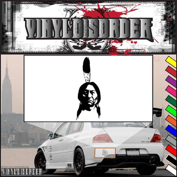 Large Native American feather decal with black silhouette head on white background