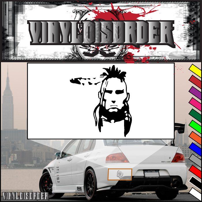 Native American face decal with lone feather graphic, black on white.
