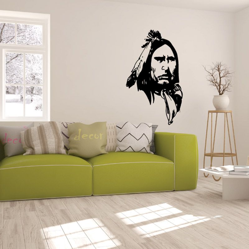 Native American feather wall decal with long black profile and plume