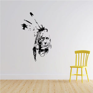Native American face decal with mohawk and dangling earrings, black on white