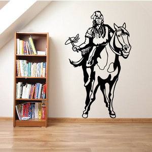Native American horse-riding tomahawk decal, black outline figure on horse