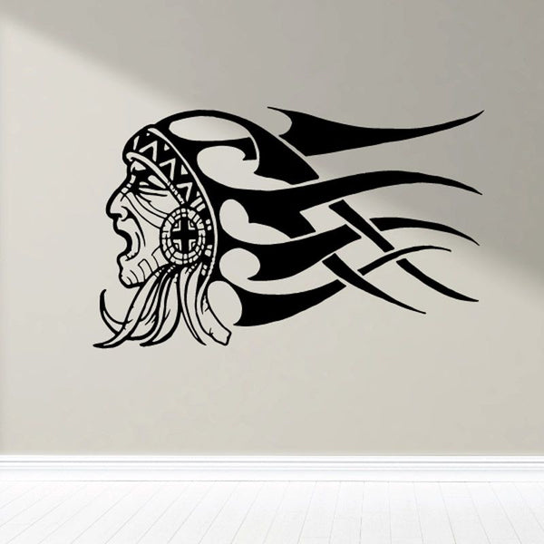 Tribal headdress profile decal with flowing feather flames, black and white