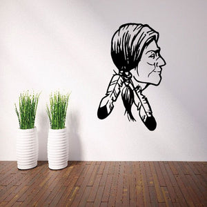 Native American woman feather headdress wall decal in black silhouette, profile view