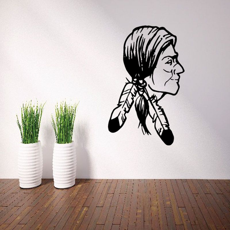 Native American woman feather headdress wall decal in black silhouette, profile view