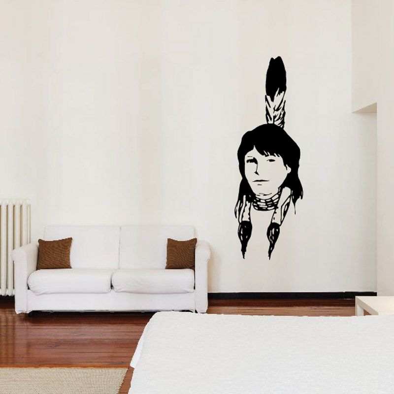 Native American woman wall decal with feathered headdress and long braids