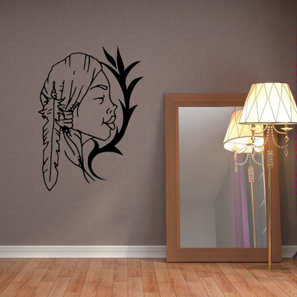 Native American woman wall decal with floral accents, black outline