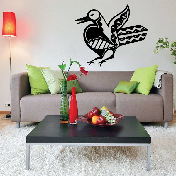 Black seagull bird wall decal with leaf and zigzag pattern accents