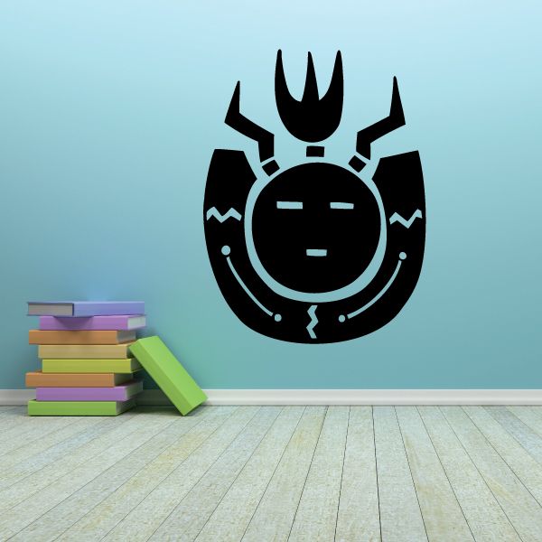 Southwestern vinyl wall decal, black tribal emblem with circular face and curved horns