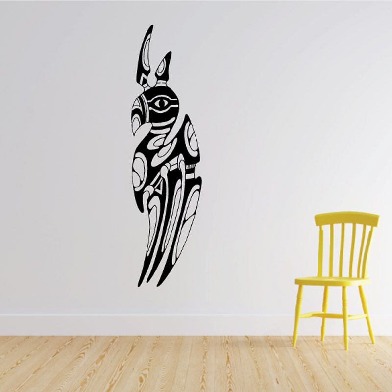 Tribal parrot wall decal in black and white with stylized feather details.