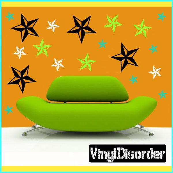 Star wall decal kit with black, green and white nautical star designs