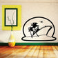 Vinyl wall decal featuring black palm trees, bird, and a wave-like arch design