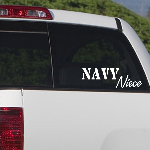 Navy Niece decal sticker with white text on dark car window