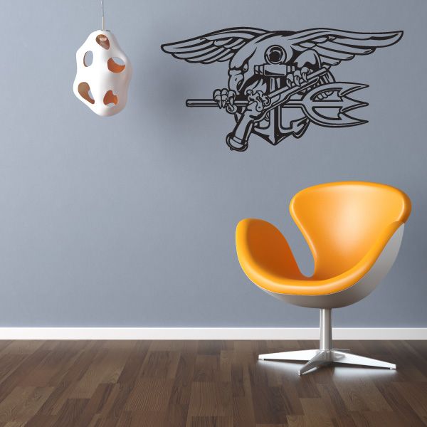 Navy SEAL trident wall decal, black outline graphic with eagle wings