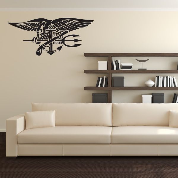 Black trident outline wall decal with winged emblem and anchor details