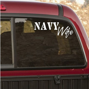 Navy Wife window decal with white “NAVY” and “Wife” script