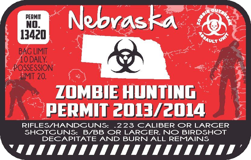 Red Zombie Hunting permit sticker with Nebraska silhouette and biohazard symbol