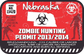 Red Zombie Hunting permit sticker with Nebraska silhouette and biohazard symbol