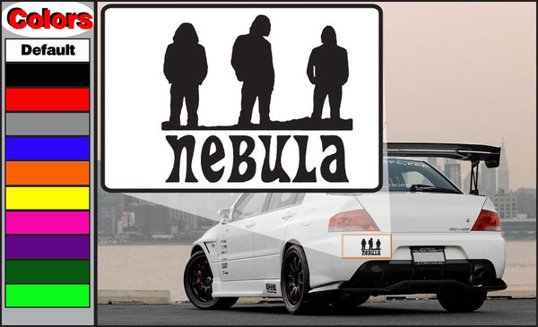 Car decal with three character silhouettes and 'Nebula' lettering