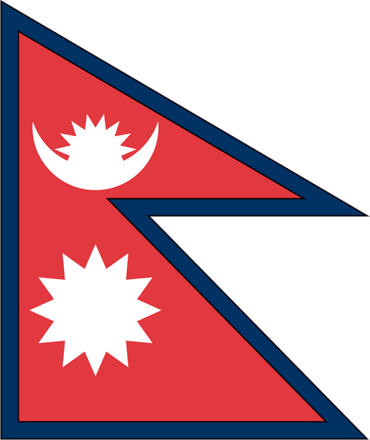 Nepal flag sticker with red field, blue border, and white sun and crescent symbols