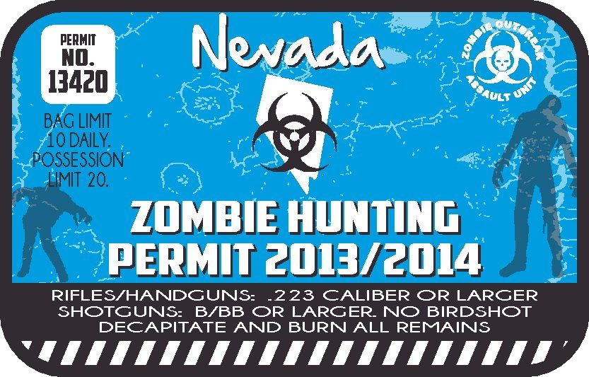 Zombie hunting permit sticker with Nevada text and biohazard zombie hunting graphics