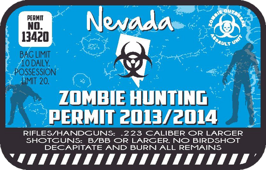 Zombie hunting permit sticker with Nevada text and biohazard zombie hunting graphics