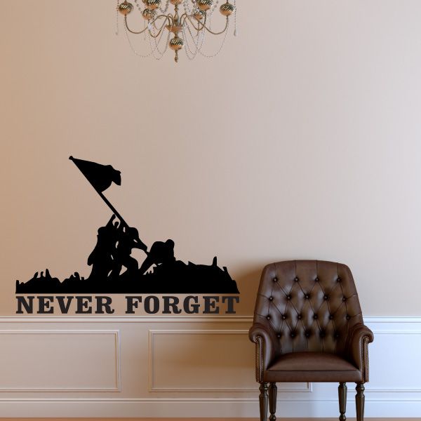 Wall decal with 'NEVER FORGET' lettering and black soldier silhouette with flag