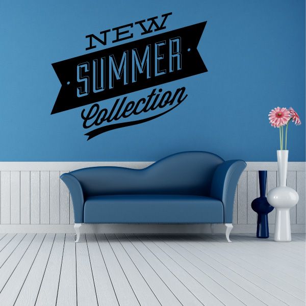 Wall decal text: 'New Summer Collection' in blue and black