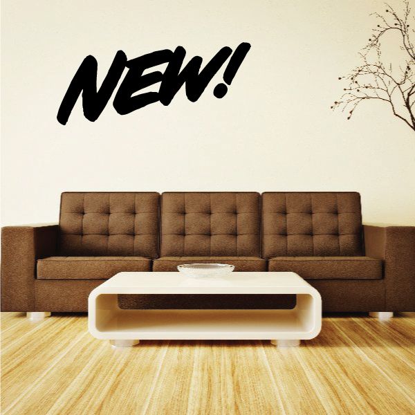 Vinyl wall decal reading “NEW!” in bold black lettering