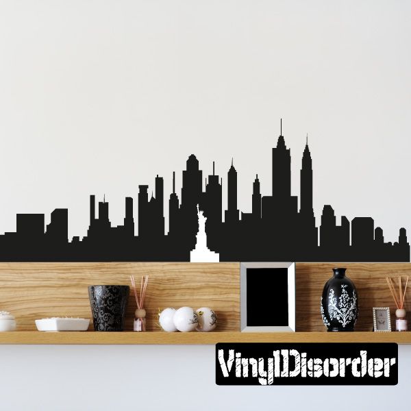 New York skyline vinyl wall decal, black silhouette skyline with tall buildings