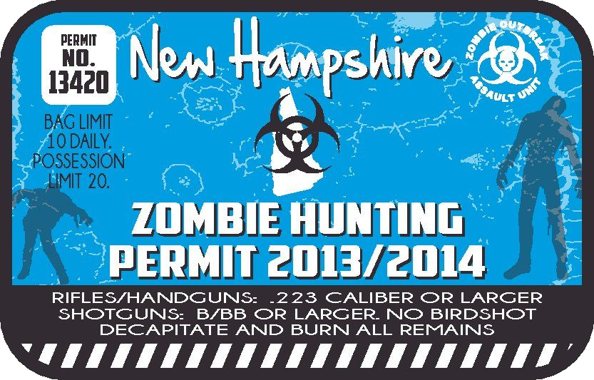 New Hampshire zombie hunting permit sticker with permit No. 13420 text and biohazard graphic