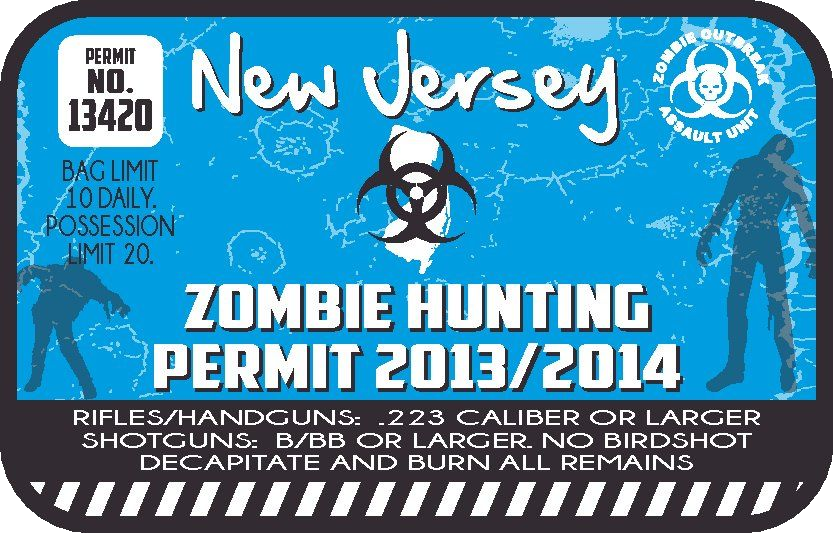 Blue New Jersey zombie hunting permit sticker with biohazard skull and 2013/2014 text