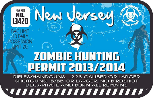 Blue New Jersey zombie hunting permit sticker with biohazard skull and 2013/2014 text