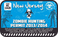 Blue New Jersey zombie hunting permit sticker with biohazard skull and 2013/2014 text