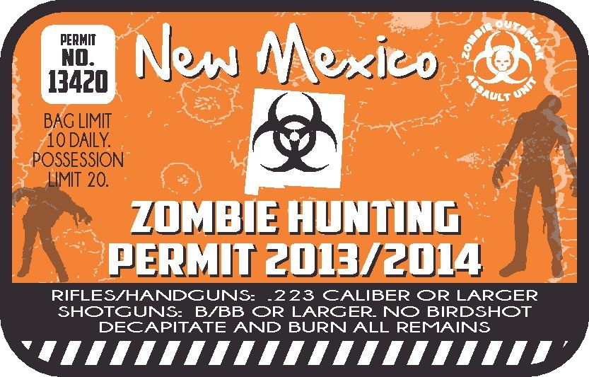 Zombie hunting permit sticker with 'New Mexico' and biohazard symbol, orange graphic