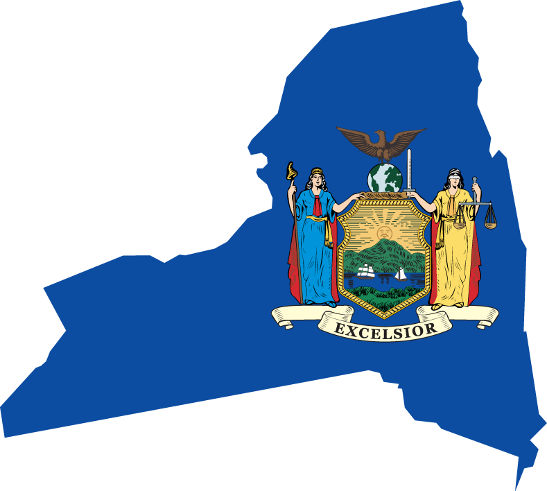 New York state flag shape sticker with colorful state seal