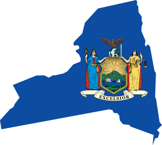 New York state flag shape sticker with colorful state seal